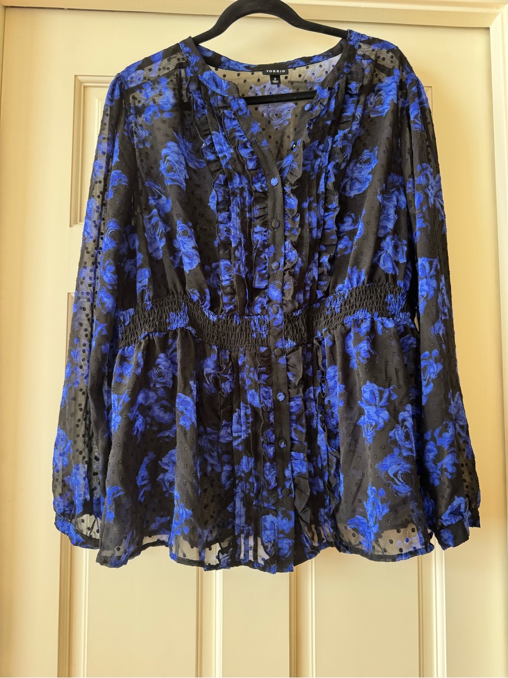 torrid Black Sheer Blouse with Royal Blue Floral Print